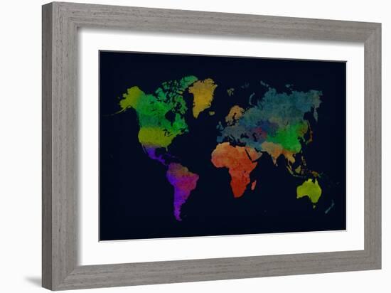 World Map Watercolor (Dark)-null-Framed Art Print