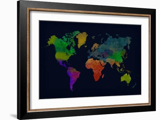 World Map Watercolor (Dark)-null-Framed Art Print