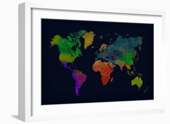 World Map Watercolor (Dark)-null-Framed Art Print