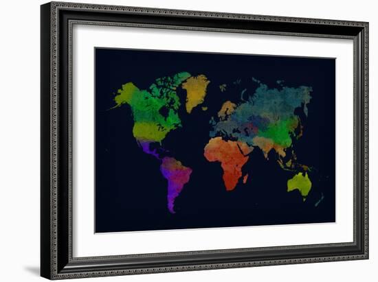 World Map Watercolor (Dark)-null-Framed Art Print