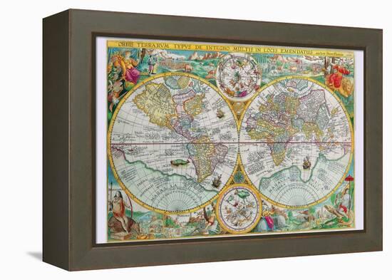 World Map-Petrus Plancius-Framed Stretched Canvas