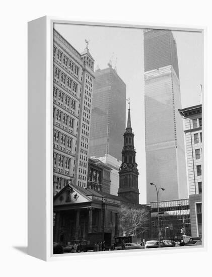 World Trade Center Twin Towers Construction, New York City, New York, c.1971-null-Framed Premier Image Canvas