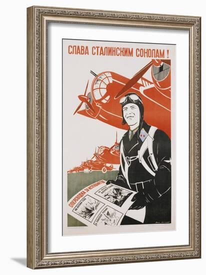 World War Ii-Era Soviet Poster Depicting a Pilot and Bombers-null-Framed Giclee Print