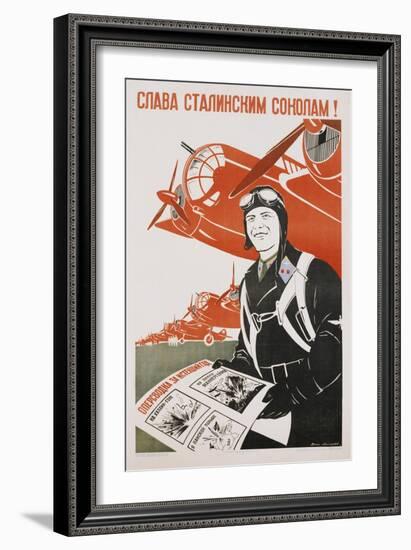 World War Ii-Era Soviet Poster Depicting a Pilot and Bombers-null-Framed Giclee Print