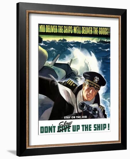 World War II Poster of a Navy Commander with Binoculars Aboard a Battleship-Stocktrek Images-Framed Photographic Print