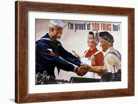 World War II Poster of a Sailor Shaking Hands with Factory Workers-null-Framed Art Print