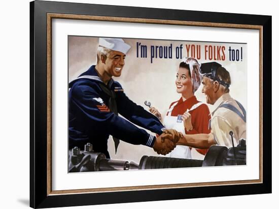 World War II Poster of a Sailor Shaking Hands with Factory Workers-null-Framed Art Print