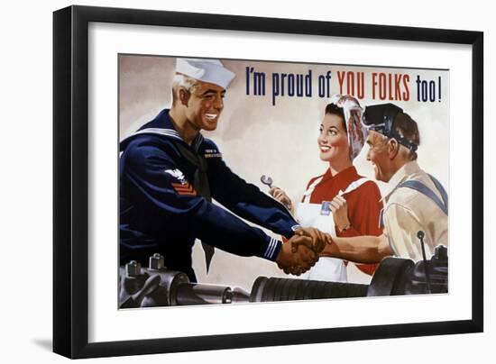 World War II Poster of a Sailor Shaking Hands with Factory Workers-null-Framed Art Print