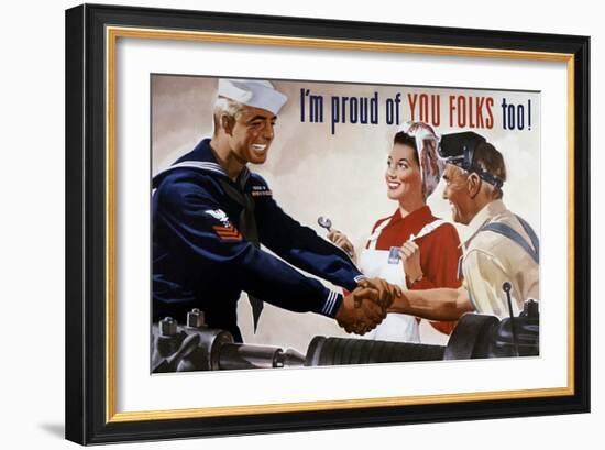 World War II Poster of a Sailor Shaking Hands with Factory Workers-null-Framed Art Print
