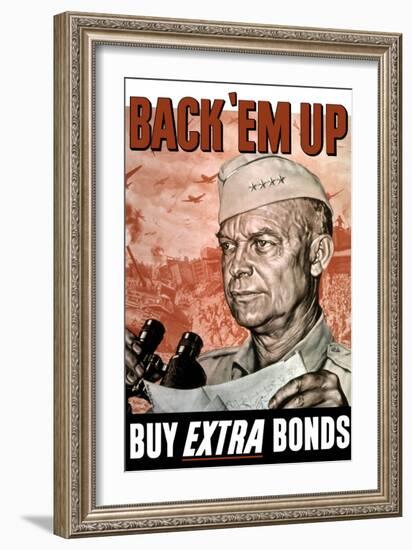 World War II Poster of General Dwight Eisenhower Holding a Map and Binoculars-null-Framed Art Print