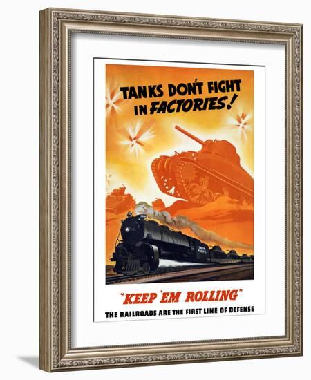 World War II Poster of Tanks Rolling Into Battle And a Locomotive in Motion-Stocktrek Images-Framed Photographic Print