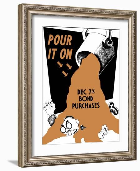 World War II Propaganda Poster of a Bucket Spilling over Emperor Hirohito-null-Framed Art Print