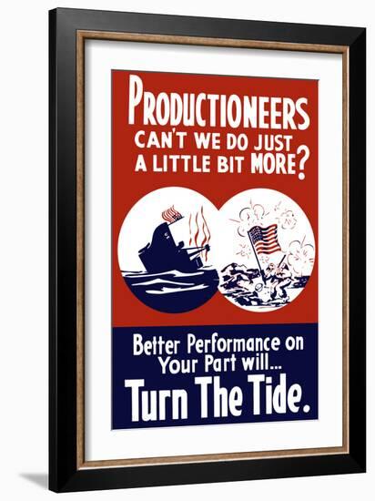World War II Propaganda Poster of a Ship Sinking and a Soldier in Combat-null-Framed Art Print
