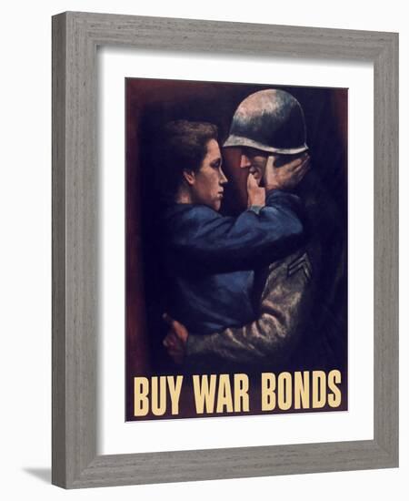 World War II Propaganda Poster of a Soldier Embracing a Woman-null-Framed Art Print