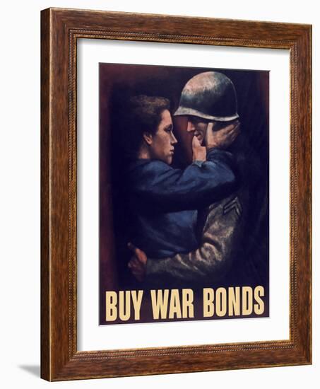 World War II Propaganda Poster of a Soldier Embracing a Woman-null-Framed Art Print