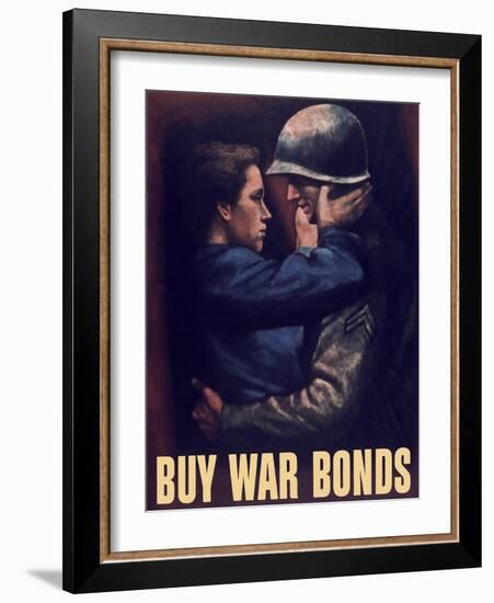 World War II Propaganda Poster of a Soldier Embracing a Woman-null-Framed Art Print