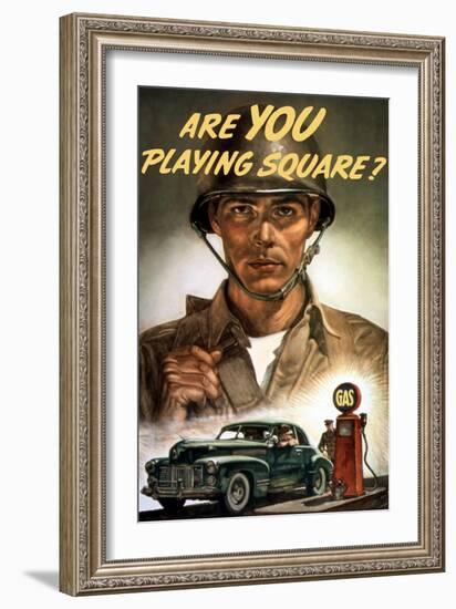 World War II Propaganda Poster of a Soldier Overlooking a Man at the Gas Pump-null-Framed Art Print