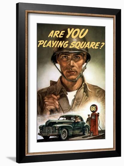 World War II Propaganda Poster of a Soldier Overlooking a Man at the Gas Pump-null-Framed Art Print