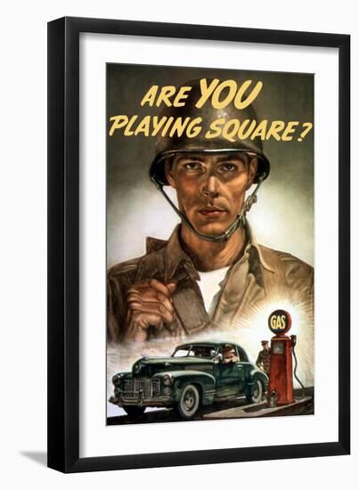 World War II Propaganda Poster of a Soldier Overlooking a Man at the Gas Pump-null-Framed Art Print