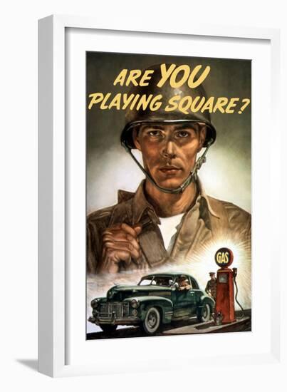 World War II Propaganda Poster of a Soldier Overlooking a Man at the Gas Pump-null-Framed Art Print