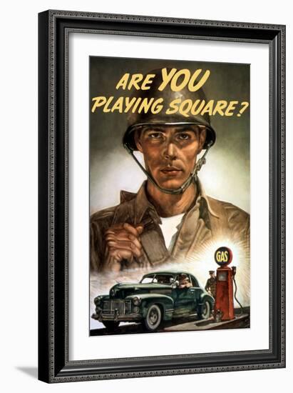 World War II Propaganda Poster of a Soldier Overlooking a Man at the Gas Pump-null-Framed Art Print