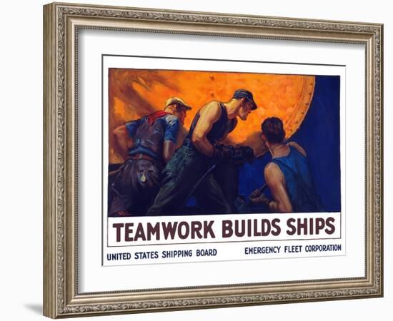 World War II Propaganda Poster of a Team of Men Riveting the Hull of a Ship-null-Framed Art Print