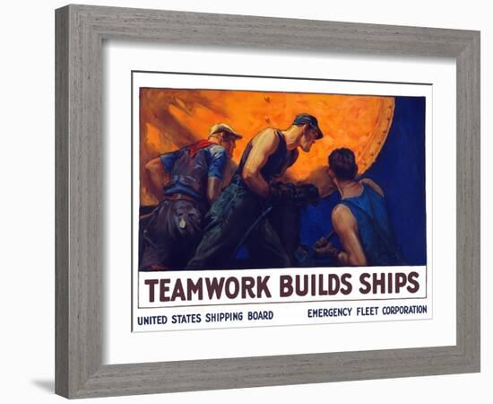 World War II Propaganda Poster of a Team of Men Riveting the Hull of a Ship-null-Framed Art Print