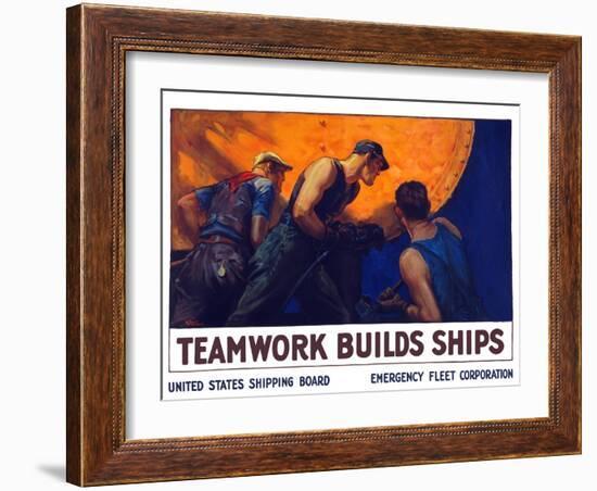 World War II Propaganda Poster of a Team of Men Riveting the Hull of a Ship-null-Framed Art Print