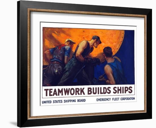 World War II Propaganda Poster of a Team of Men Riveting the Hull of a Ship-null-Framed Art Print