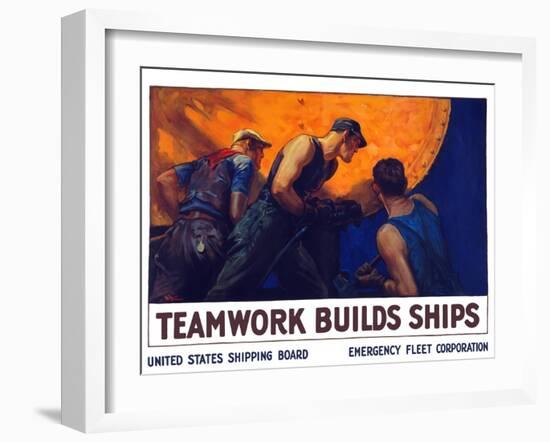 World War II Propaganda Poster of a Team of Men Riveting the Hull of a Ship-null-Framed Art Print