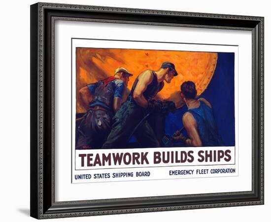 World War II Propaganda Poster of a Team of Men Riveting the Hull of a Ship-null-Framed Art Print