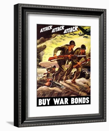 World War II Propaganda Poster of Soldiers Assaulting a Beach with Rifles-null-Framed Art Print