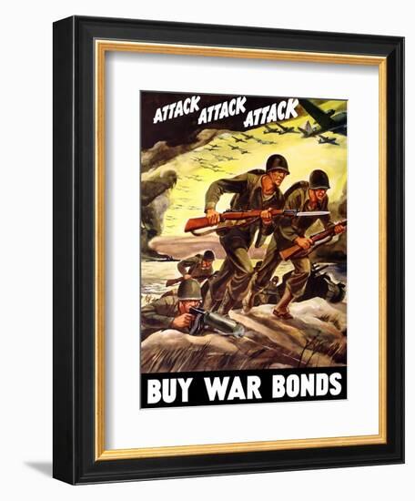 World War II Propaganda Poster of Soldiers Assaulting a Beach with Rifles-null-Framed Premium Giclee Print