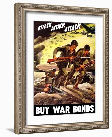 World War II Propaganda Poster of Soldiers Assaulting a Beach with Rifles-null-Framed Art Print