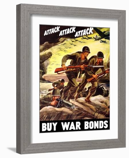 World War II Propaganda Poster of Soldiers Assaulting a Beach with Rifles-null-Framed Art Print