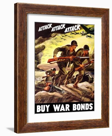 World War II Propaganda Poster of Soldiers Assaulting a Beach with Rifles-null-Framed Art Print