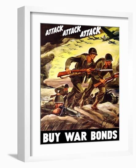 World War II Propaganda Poster of Soldiers Assaulting a Beach with Rifles-null-Framed Art Print