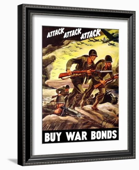 World War II Propaganda Poster of Soldiers Assaulting a Beach with Rifles-null-Framed Art Print