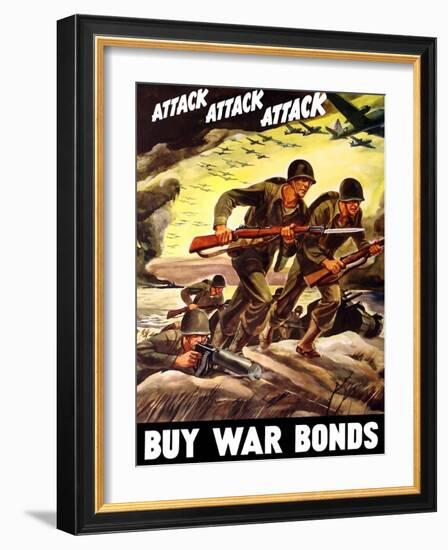 World War II Propaganda Poster of Soldiers Assaulting a Beach with Rifles-null-Framed Art Print