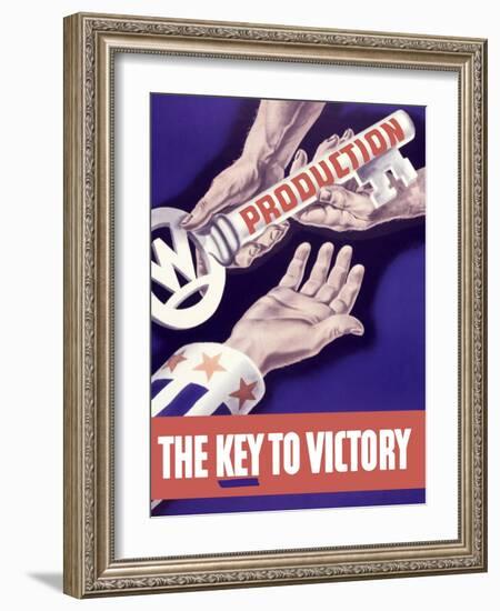 World War II Propaganda Poster of Someone Giving a Large Key to the Hand of Uncle Sam-null-Framed Art Print