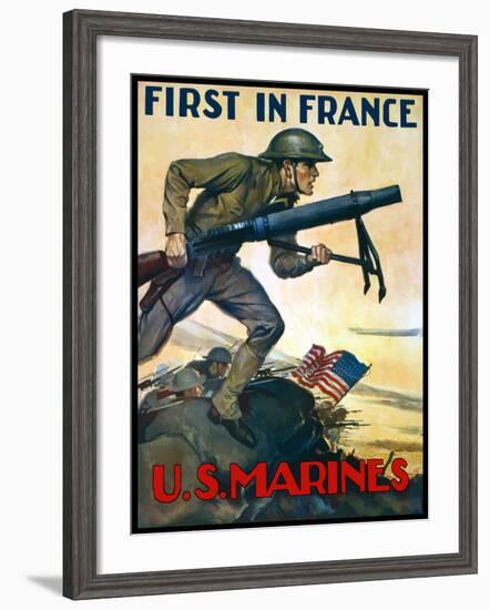 World War One Poster of Marines Charging Into Battle Behind the American Flag-Stocktrek Images-Framed Photographic Print