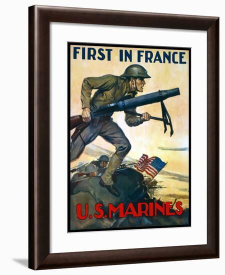 World War One Poster of Marines Charging Into Battle Behind the American Flag-Stocktrek Images-Framed Photographic Print