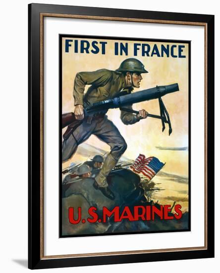 World War One Poster of Marines Charging Into Battle Behind the American Flag-Stocktrek Images-Framed Photographic Print
