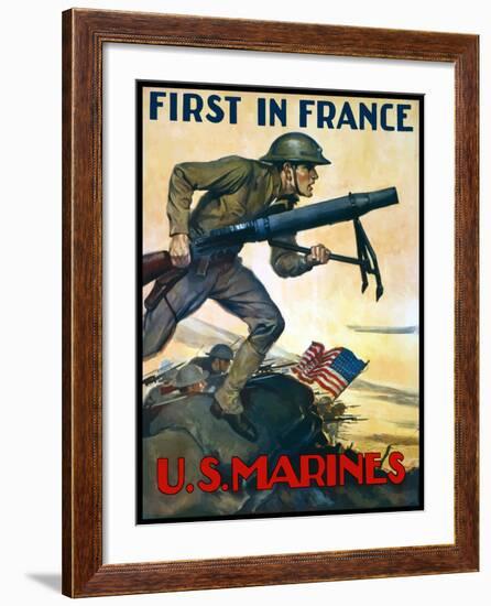 World War One Poster of Marines Charging Into Battle Behind the American Flag-Stocktrek Images-Framed Photographic Print