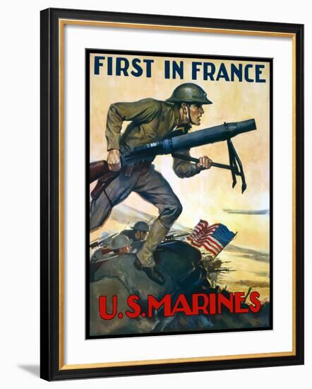 World War One Poster of Marines Charging Into Battle Behind the American Flag-Stocktrek Images-Framed Photographic Print