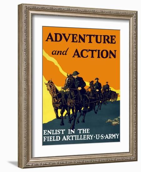 World War One Propaganda Poster of Soldiers Pulling Artillery with Horses-null-Framed Art Print