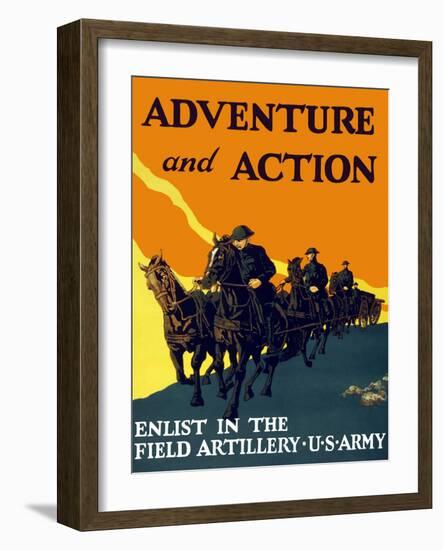 World War One Propaganda Poster of Soldiers Pulling Artillery with Horses-null-Framed Art Print