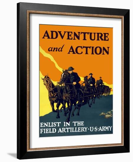 World War One Propaganda Poster of Soldiers Pulling Artillery with Horses-null-Framed Art Print