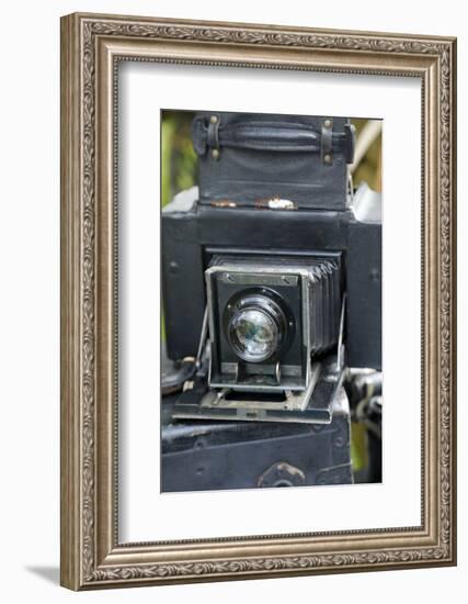 World War One re-creation and history. Close-up of old bellows-style camera.-Julien McRoberts-Framed Photographic Print