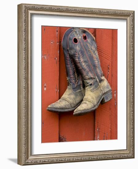 Worn Cowboy Boots Hanging, Ponderosa Ranch, Seneca, Oregon, USA-Wendy Kaveney-Framed Photographic Print